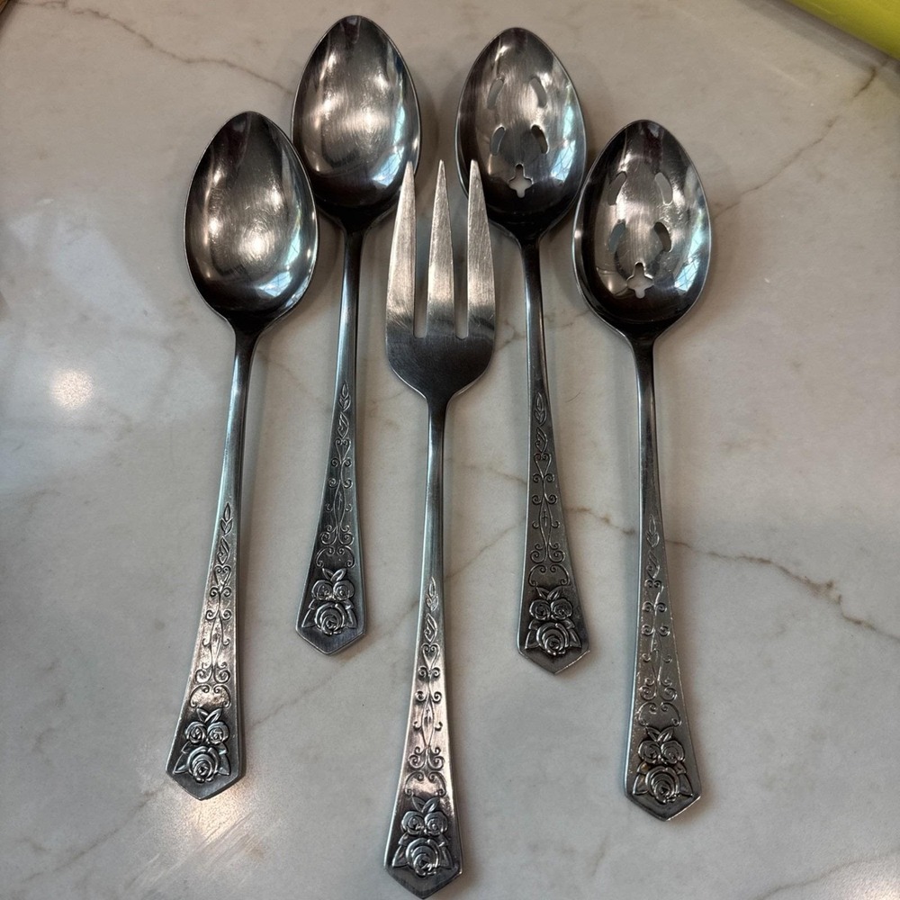 Vtg Oxford Hall Queens Tapestry ROSES Stainless Serving Slotted Spoon Fork